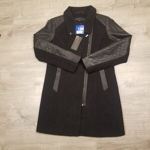 ANDREW MARC Marc New York Women’s Elena Black Wool Coat Quilted Leather Sleeves